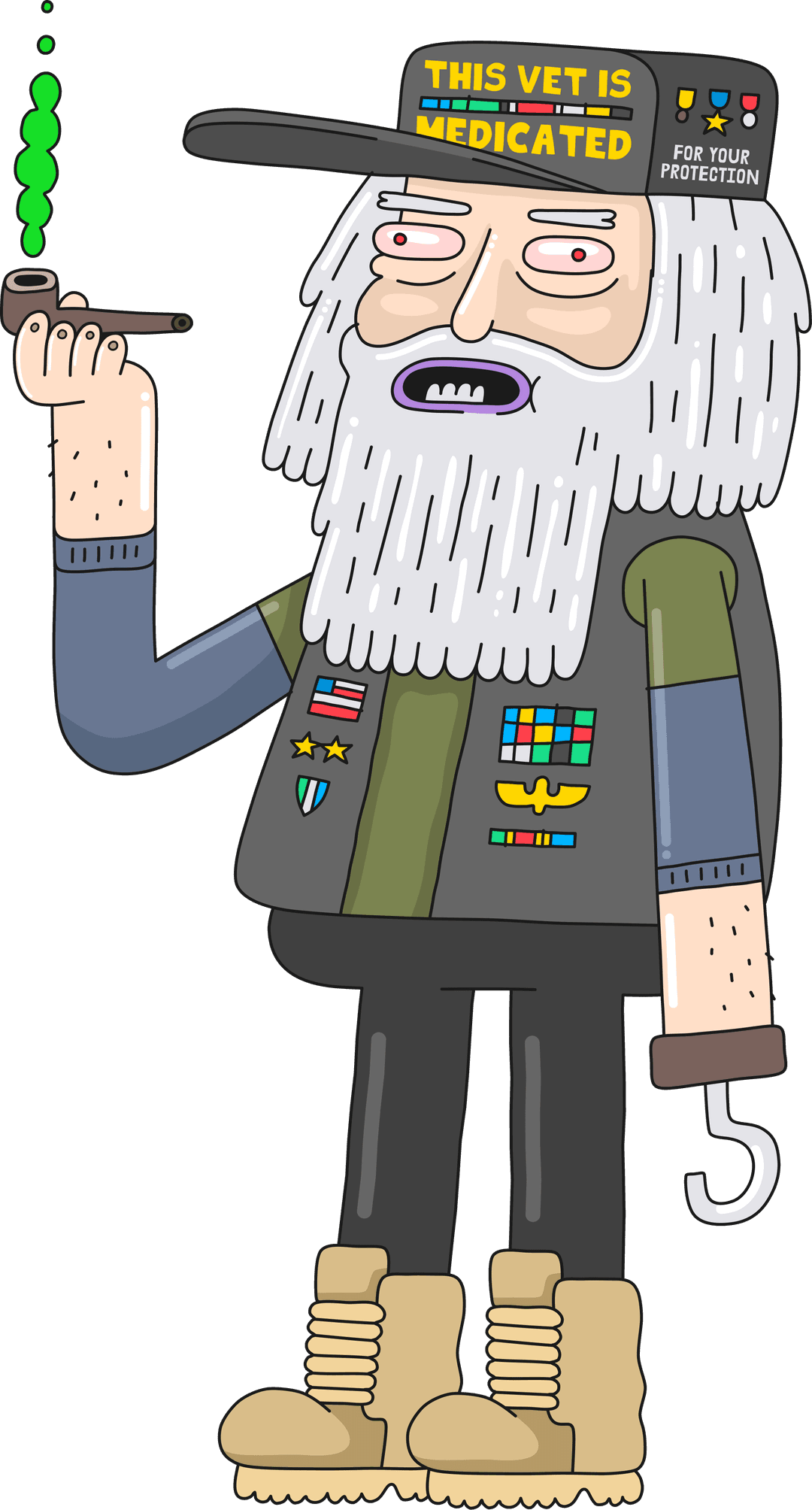 Old man vereran smoking pipe with hat